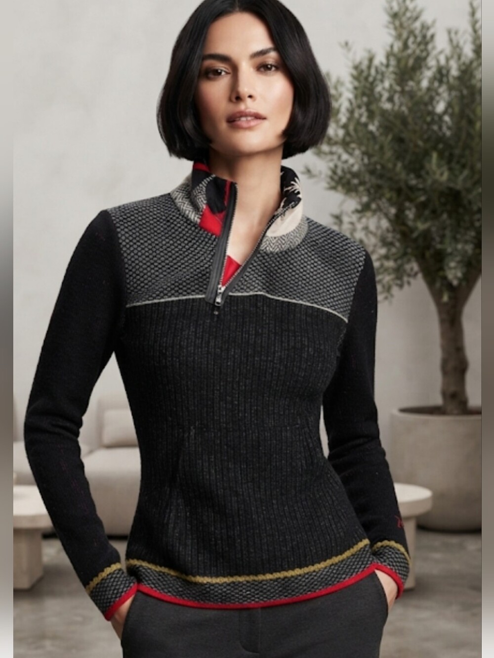Euro Black Cowl Sweater with Contrast Trim